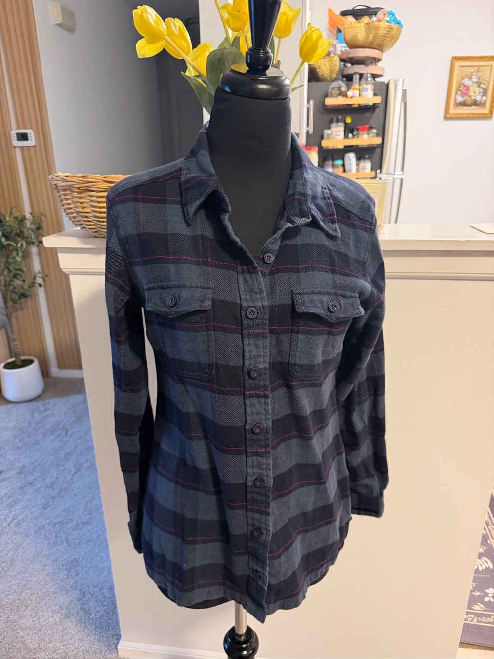 Patagonia Navy and Gray Plaid Button-Down Shirt